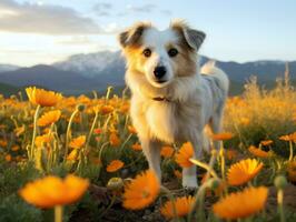 curioso cachorro explorando uma campo do florescendo flores silvestres ai generativo foto