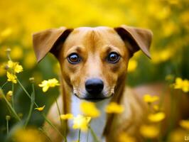 curioso cachorro explorando uma campo do florescendo flores silvestres ai generativo foto