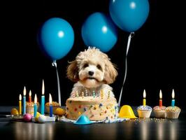 adorável cachorro posando com uma aniversário bolo às uma celebração ai generativo foto