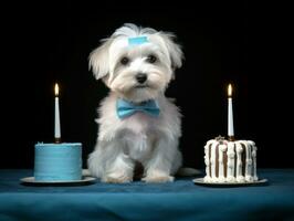 adorável cachorro posando com uma aniversário bolo às uma celebração ai generativo foto