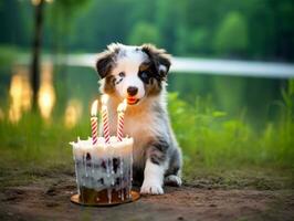 adorável cachorro posando com uma aniversário bolo às uma celebração ai generativo foto