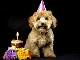 adorável cachorro posando com uma aniversário bolo às uma celebração ai generativo foto