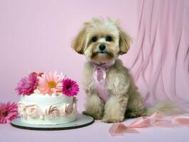 adorável cachorro posando com uma aniversário bolo às uma celebração ai generativo foto