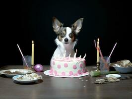 adorável cachorro posando com uma aniversário bolo às uma celebração ai generativo foto