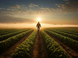 agricultor cuidando para linhas do cultivo dentro uma iluminado pelo sol campo ai generativo foto