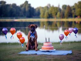 adorável cachorro posando com uma aniversário bolo às uma celebração ai generativo foto