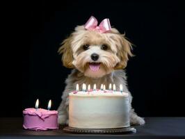 adorável cachorro posando com uma aniversário bolo às uma celebração ai generativo foto