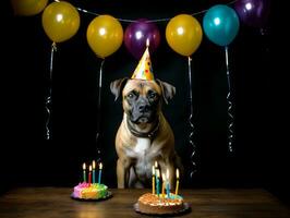 adorável cachorro posando com uma aniversário bolo às uma celebração ai generativo foto