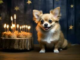 adorável cachorro posando com uma aniversário bolo às uma celebração ai generativo foto