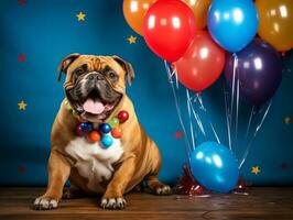 adorável cachorro posando com uma aniversário bolo às uma celebração ai generativo foto