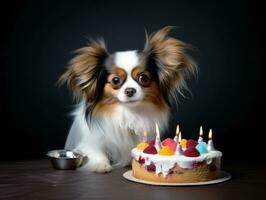 adorável cachorro posando com uma aniversário bolo às uma celebração ai generativo foto