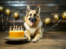 adorável cachorro posando com uma aniversário bolo às uma celebração ai generativo foto