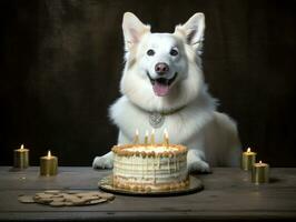 adorável cachorro posando com uma aniversário bolo às uma celebração ai generativo foto