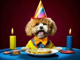 adorável cachorro posando com uma aniversário bolo às uma celebração ai generativo foto