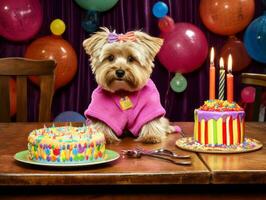 adorável cachorro posando com uma aniversário bolo às uma celebração ai generativo foto