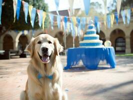 adorável cachorro posando com uma aniversário bolo às uma celebração ai generativo foto