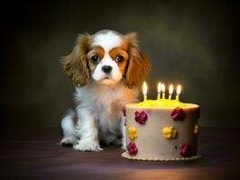 adorável cachorro posando com uma aniversário bolo às uma celebração ai generativo foto