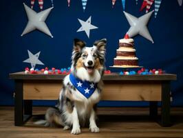 adorável cachorro posando com uma aniversário bolo às uma celebração ai generativo foto