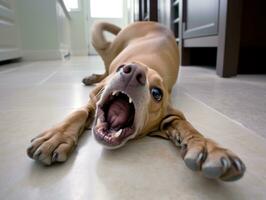 conteúdo cachorro desfrutando dentro a vivo quarto chão ai generativo foto