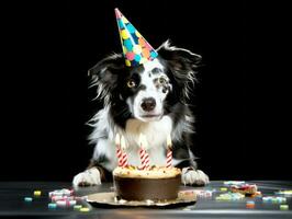 adorável cachorro posando com uma aniversário bolo às uma celebração ai generativo foto