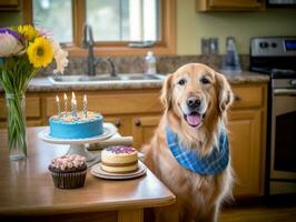 adorável cachorro posando com uma aniversário bolo às uma celebração ai generativo foto