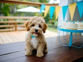 adorável cachorro posando com uma aniversário bolo às uma celebração ai generativo foto