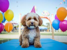 adorável cachorro posando com uma aniversário bolo às uma celebração ai generativo foto