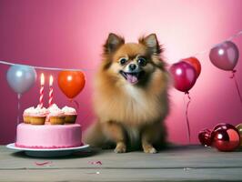 adorável cachorro posando com uma aniversário bolo às uma celebração ai generativo foto