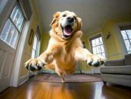 conteúdo cachorro desfrutando dentro a vivo quarto chão ai generativo foto