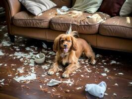 conteúdo cachorro desfrutando dentro a vivo quarto chão ai generativo foto