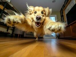 conteúdo cachorro desfrutando dentro a vivo quarto chão ai generativo foto