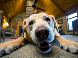 conteúdo cachorro desfrutando dentro a vivo quarto chão ai generativo foto