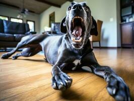 conteúdo cachorro desfrutando dentro a vivo quarto chão ai generativo foto