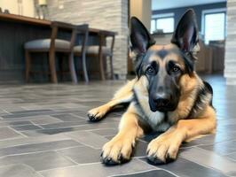 conteúdo cachorro desfrutando dentro a vivo quarto chão ai generativo foto