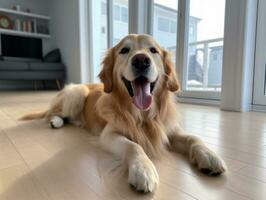 conteúdo cachorro desfrutando dentro a vivo quarto chão ai generativo foto