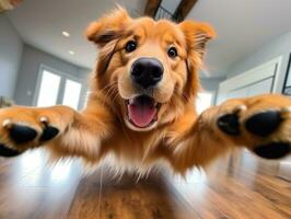 conteúdo cachorro desfrutando dentro a vivo quarto chão ai generativo foto