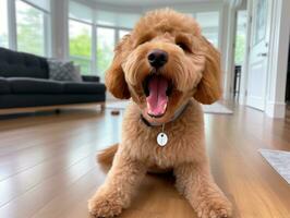 conteúdo cachorro desfrutando dentro a vivo quarto chão ai generativo foto