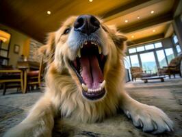 conteúdo cachorro desfrutando dentro a vivo quarto chão ai generativo foto