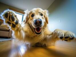 conteúdo cachorro desfrutando dentro a vivo quarto chão ai generativo foto