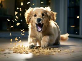 conteúdo cachorro desfrutando dentro a vivo quarto chão ai generativo foto