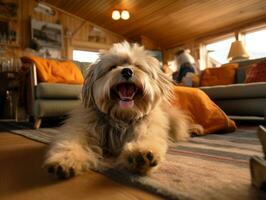 conteúdo cachorro desfrutando dentro a vivo quarto chão ai generativo foto