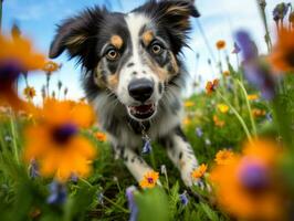 curioso cachorro explorando uma campo do florescendo flores silvestres ai generativo foto