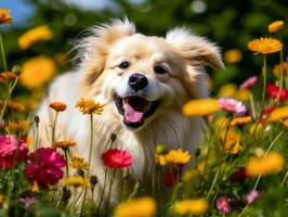 curioso cachorro explorando uma campo do florescendo flores silvestres ai generativo foto