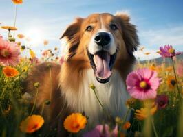 curioso cachorro explorando uma campo do florescendo flores silvestres ai generativo foto