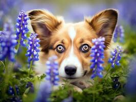 curioso cachorro explorando uma campo do florescendo flores silvestres ai generativo foto