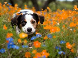 curioso cachorro explorando uma campo do florescendo flores silvestres ai generativo foto