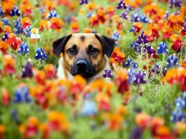 curioso cachorro explorando uma campo do florescendo flores silvestres ai generativo foto