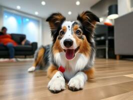 conteúdo cachorro desfrutando dentro a vivo quarto chão ai generativo foto