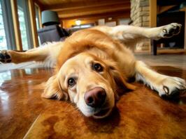 conteúdo cachorro desfrutando dentro a vivo quarto chão ai generativo foto