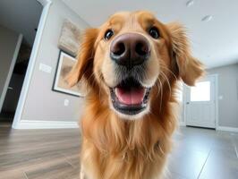conteúdo cachorro desfrutando dentro a vivo quarto chão ai generativo foto